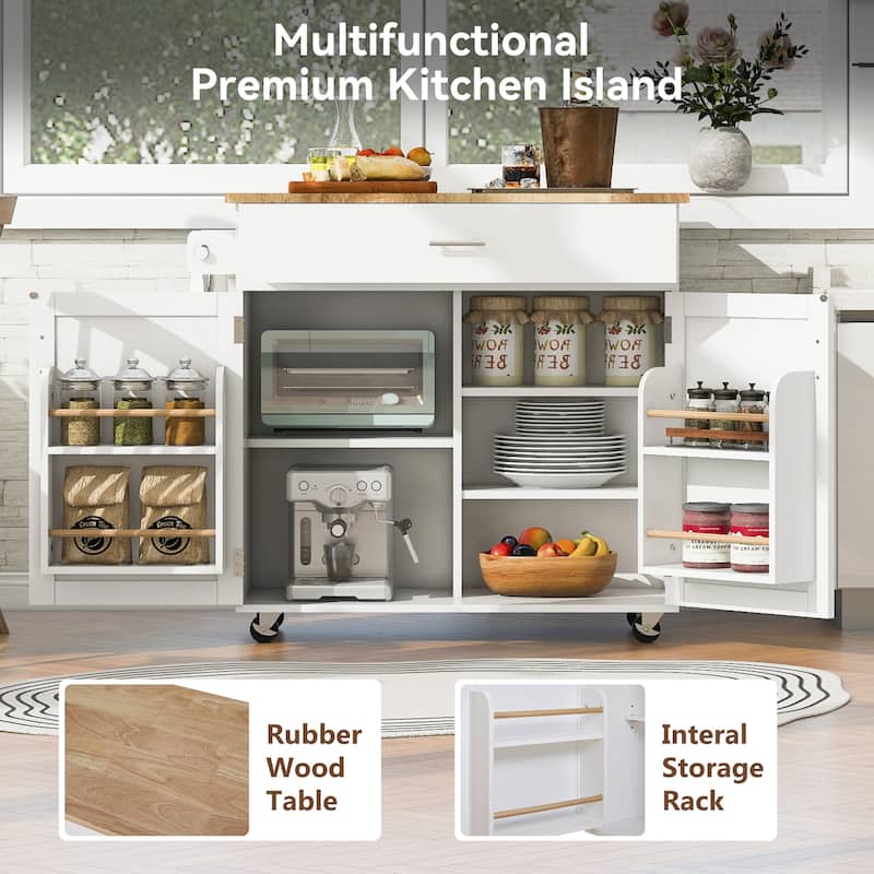 Rolling Kitchen Island with Adjustable Shelf Tower Rack, Rubber Wood Top Storage Cabinet with Divider and Internal Storage Rack