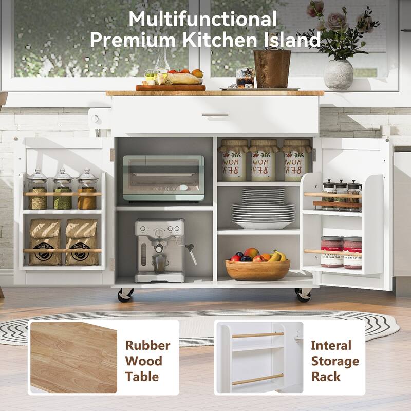 Rolling Kitchen Island with Storage, Kitchen cart with Rubber Wood Top, Spacious Drawer with Divider and Internal Storage Rack