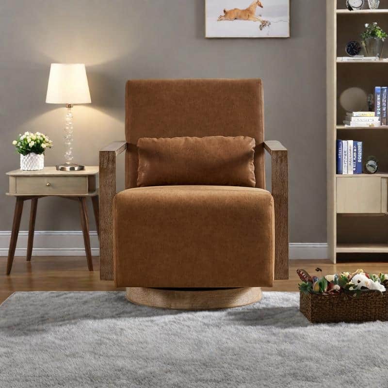 PU Leather Swivel Arm Chairs with Solid Wood Armrests - Brown