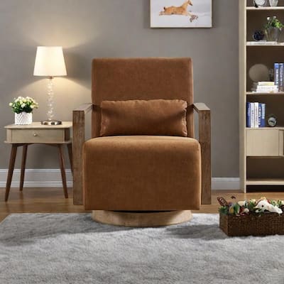 PU Leather Swivel Arm Chairs with Solid Wood Armrests