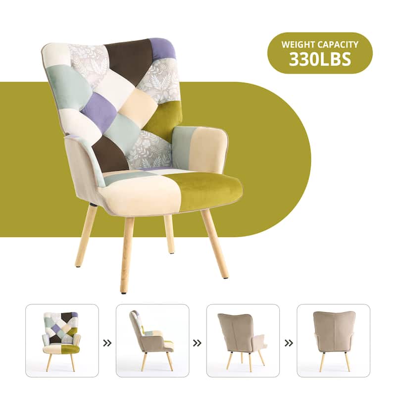 Upholstered Wingback Accent Chair with Rubberwood Legs & Levelers