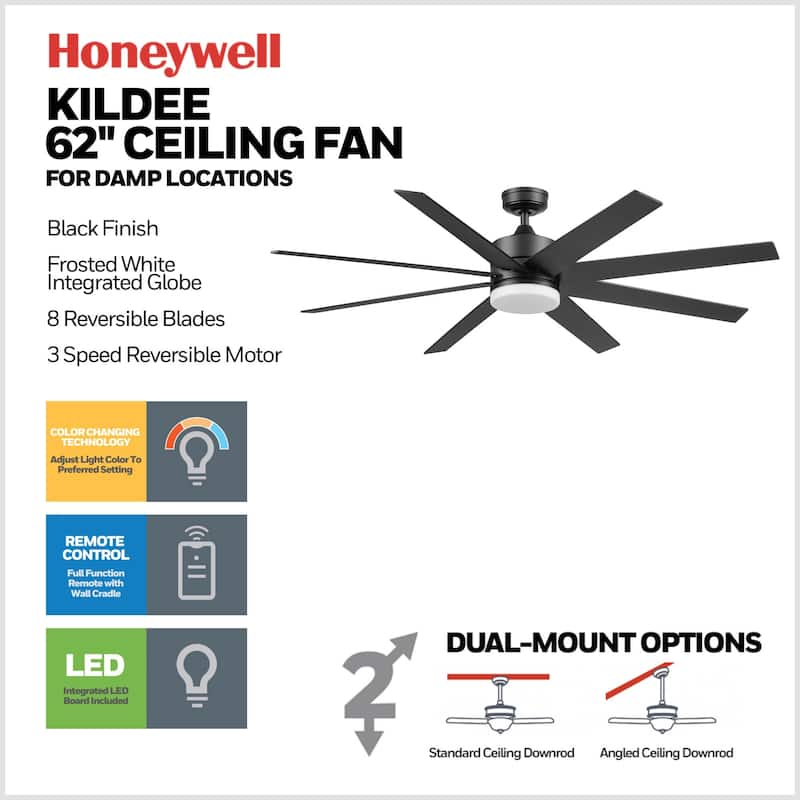 62" Honeywell Kildee Outdoor Ceiling Fan with Color Changing Light, Remote Control - 62 Inches