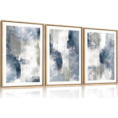 Abstract Navy Blue Gray Framed Canvas Wall Art Set