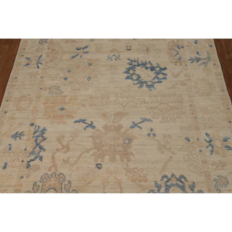 Vegetable Dye Oushak Turkish Rug Hand-Knotted Beige Wool Carpet - 5'0"x 6'7"