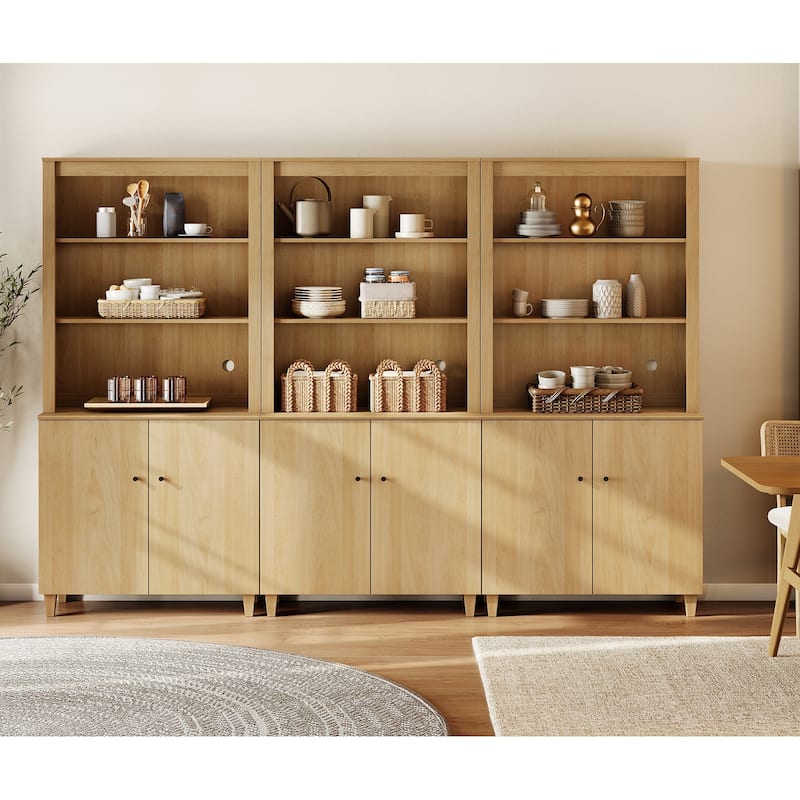 Modern 71" Tall Pantry Cabinet with Doors & Shelves for Dining Room - 6 Doors - Oak Wood