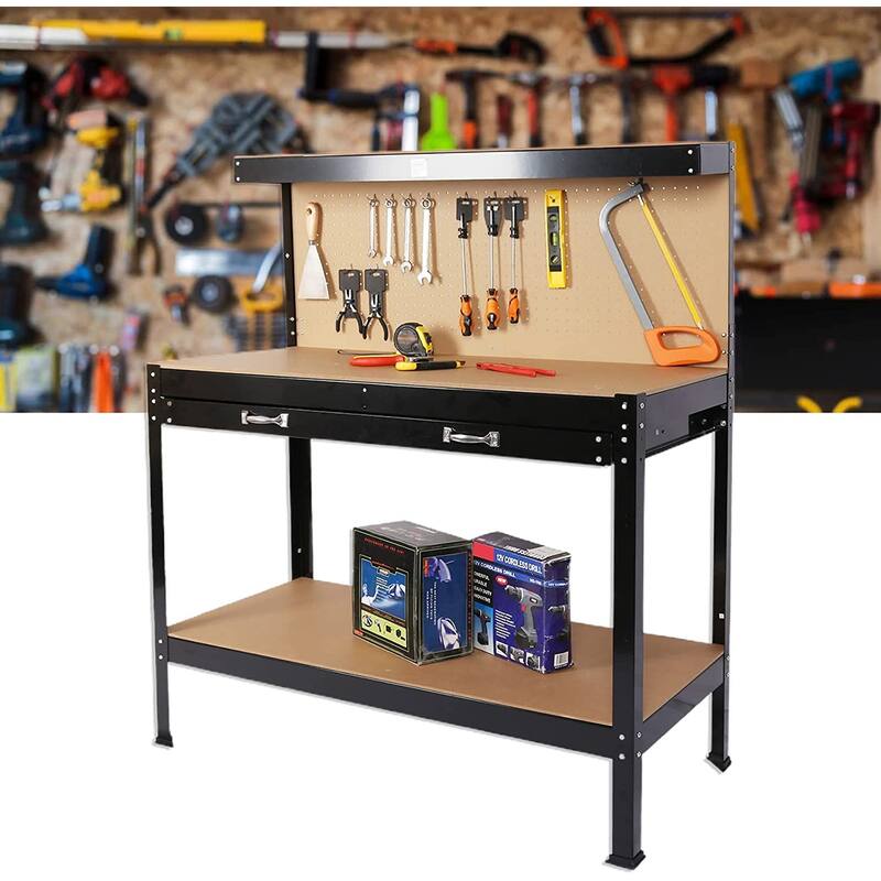 Steel Tool Storage Workbench, Hardwood Tools Table Workstation with Drawer, Peg Board for Workshop, Home