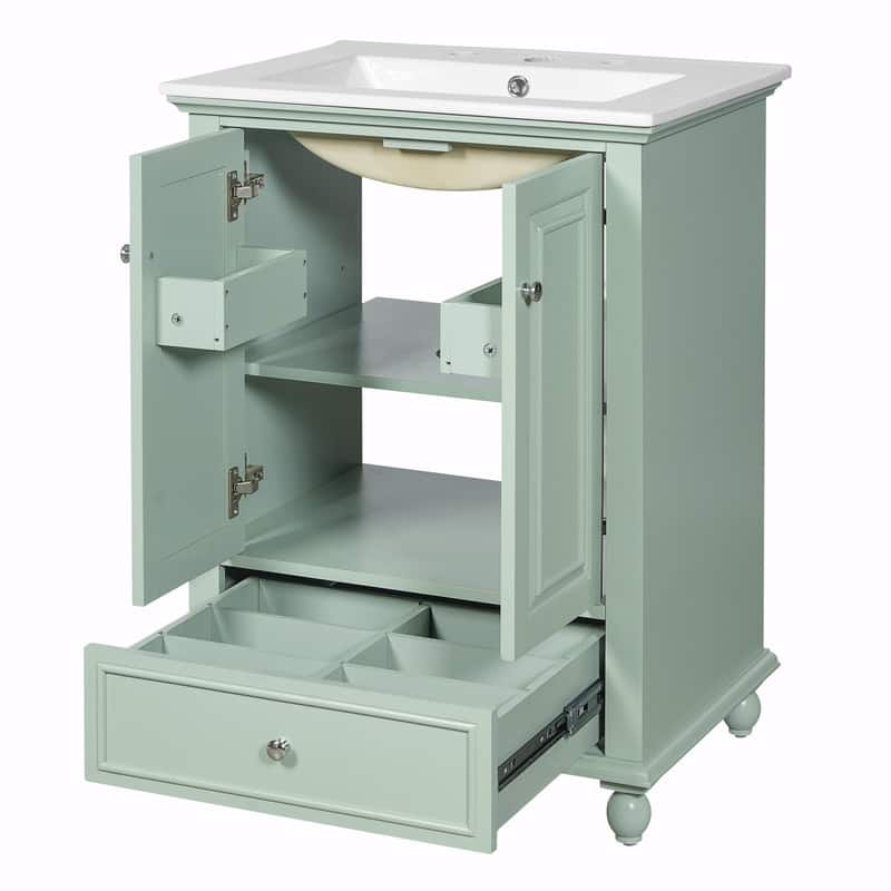 24" Bathroom Vanity with Ceramic Sink, Storage Cabinet with Soft-Close Doors and Drawer with Dividers