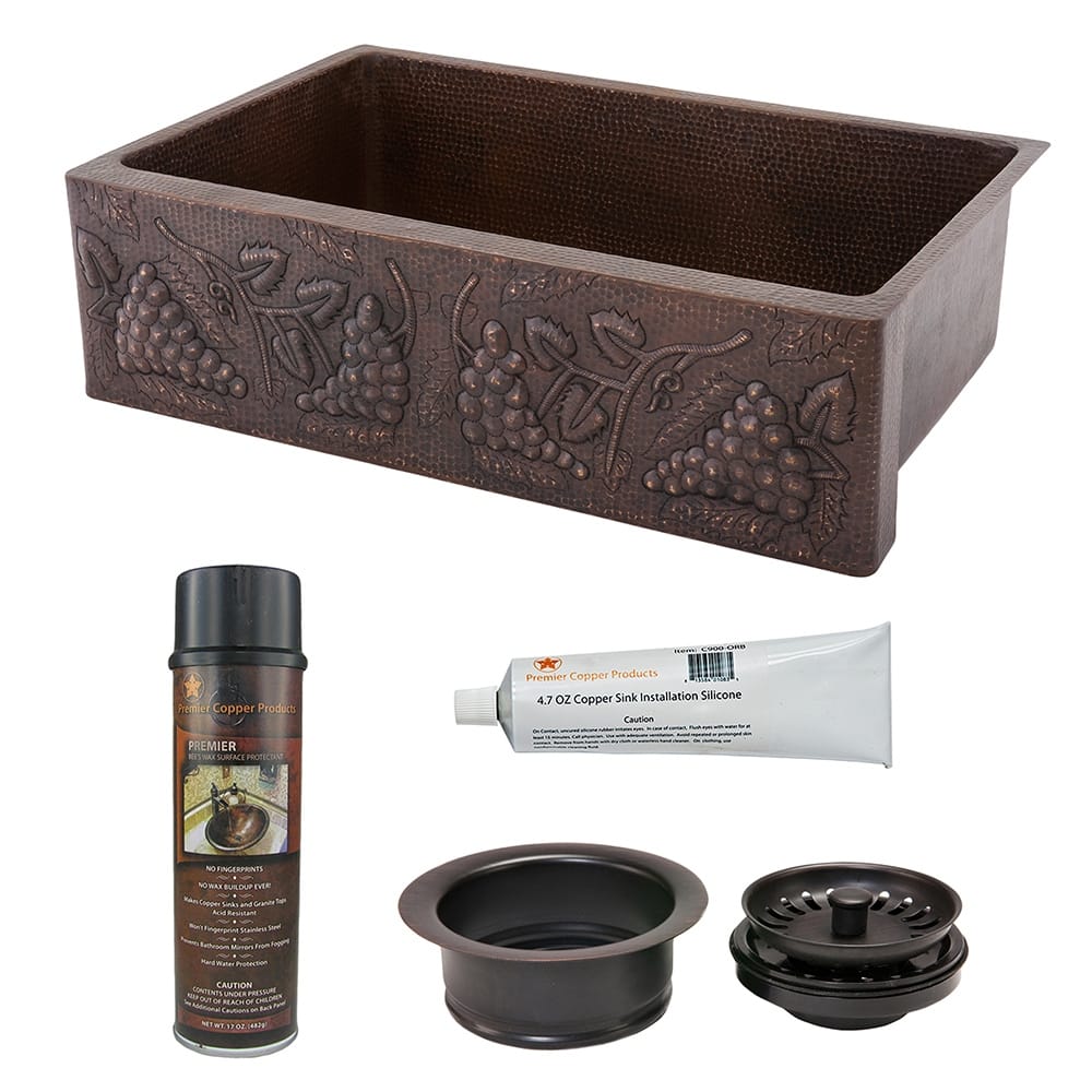33-in Hammered Copper Kitchen Apron Single Basin Sink w/ Vineyard Design with Matching Drain and Accessories (KSP3_KASDB33229G)