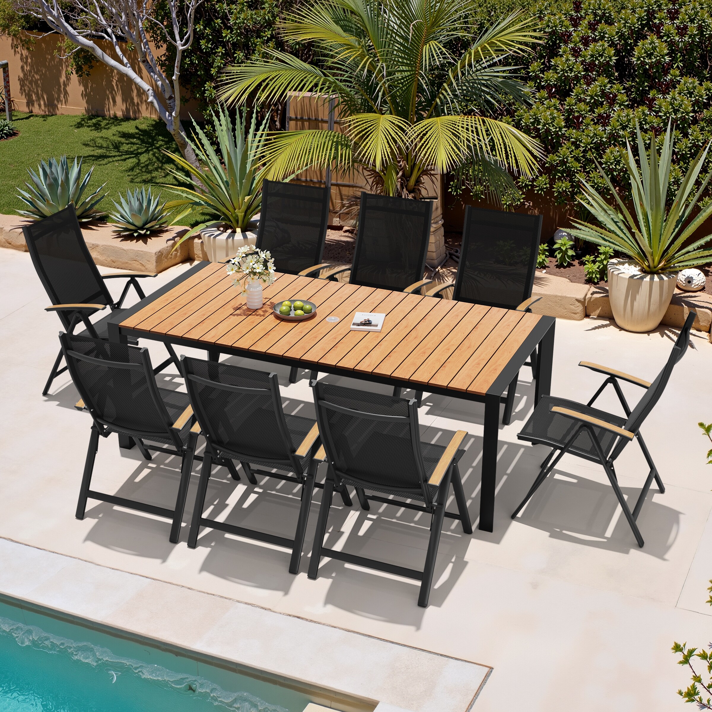 9-Piece Outdoor Patio Dining Set Wood Like Table Top Aluminum Rectangular Umbrella Hole Table with Folding Armrest Chairs