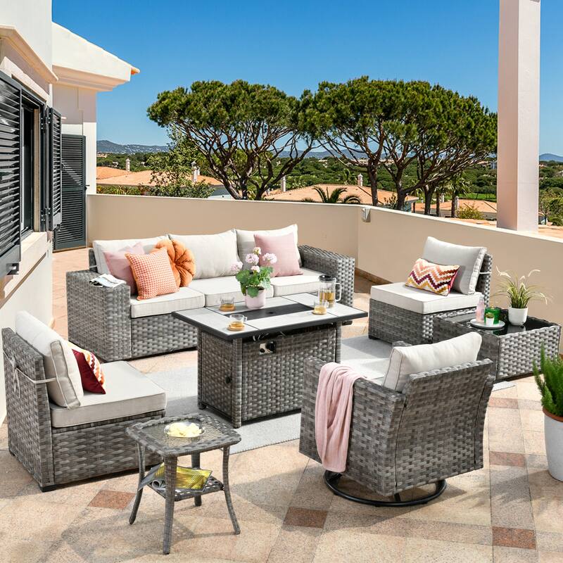 HOOOWOOO 9-piece Wicker Outdoor Modular Wide Armrest Sectional Set Fire Pit Set