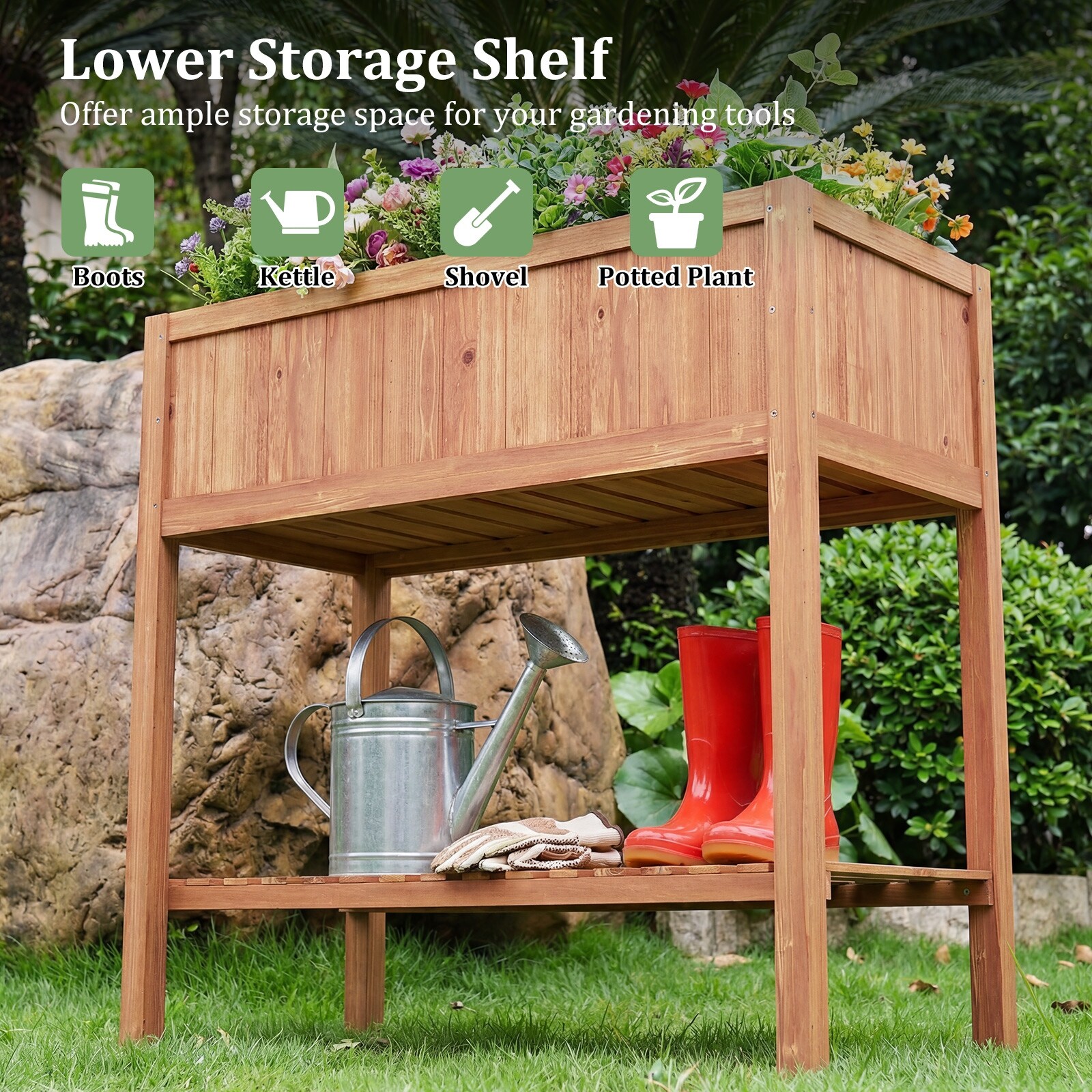 Gymax Wooden Raised Garden Bed w/ Legs Liner Storage Shelf Large
