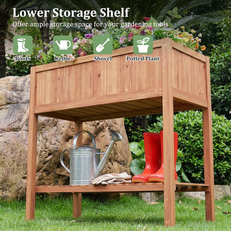 Gymax Wooden Raised Garden Bed w/ Legs Liner Storage Shelf Large