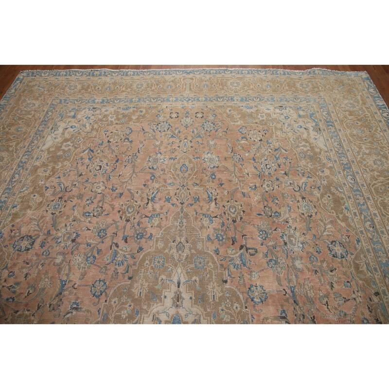 Hand Knotted Oriental 100% Wool Carpet Traditional Floral Pink Mashad Area Rug - 11' 11'' X 8' 9''