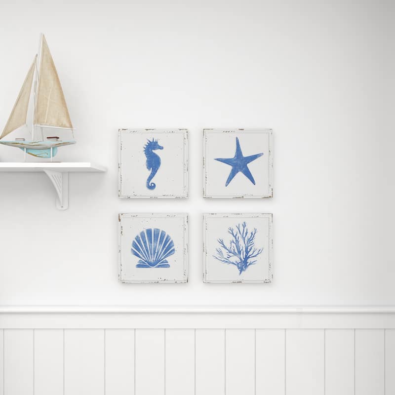 Metal Sail Boat or Sea Horse Speckled Home Wall Decor with Various Marine Life Designs - Set of 4 Cream - Roche River Decor