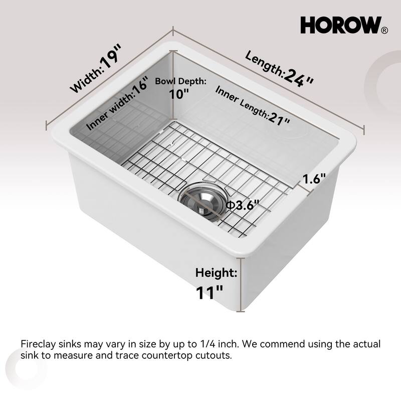 HOROW Undermount Fireclay 24 in. Single Bowl Kitchen Sink with Bottom Grid and Strainer in White
