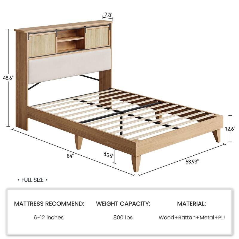 Rattan Bed Frame with Headboard & Sliding Door Shelf