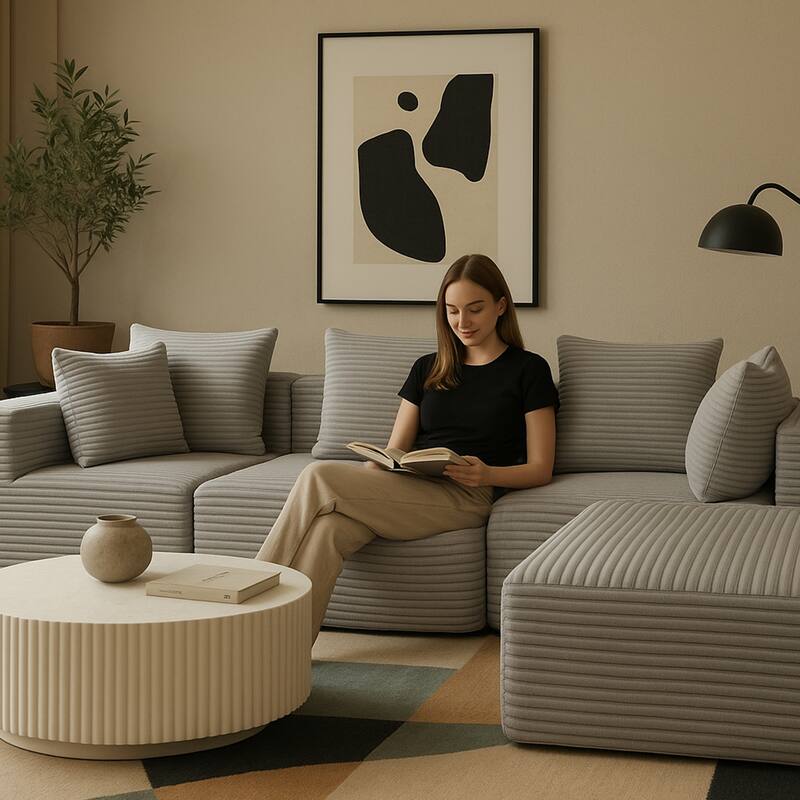 Grey Corduroy Modular Sectional Sofa 4 Seat Magic Cube Design 107" Wide No Assembly Required Compressed Foam Cushions