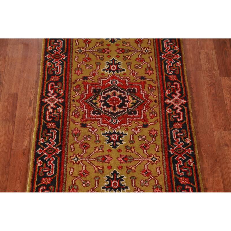 Hand Knotted Oriental 100% Wool Carpet Traditional Geometric Yellow & Gold Heriz (serapi) Runner Rug - 7' 11'' X 2' 7''