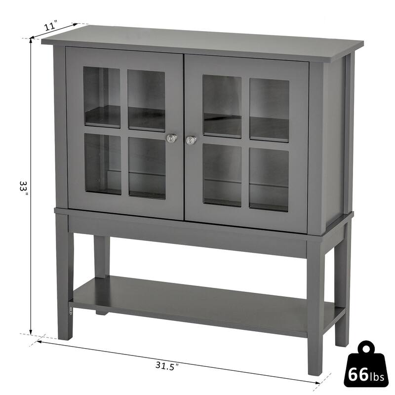 Grey Sideboard Buffet Cabinet with Glass Doors and Adjustable Shelf for Kitchen or Living Room Storage - 31.5" L x 11'W x 33" H