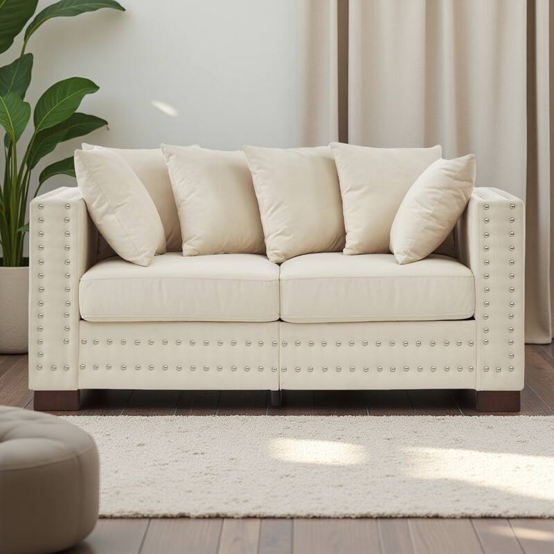 60.5" Velvet Loveseat Sofa,Modern Square Arm Design with Nailhead Trim and Under-Seat Storage - Apricot