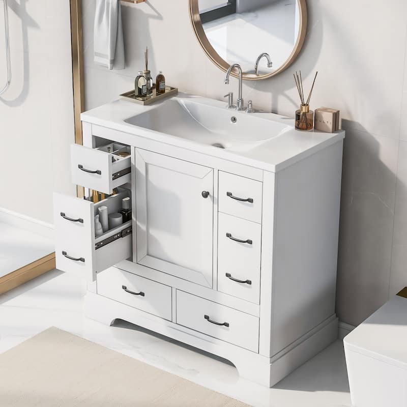 36" Bathroom Vanity with Sink Combo, 6 Drawers, Adjustable Shelf