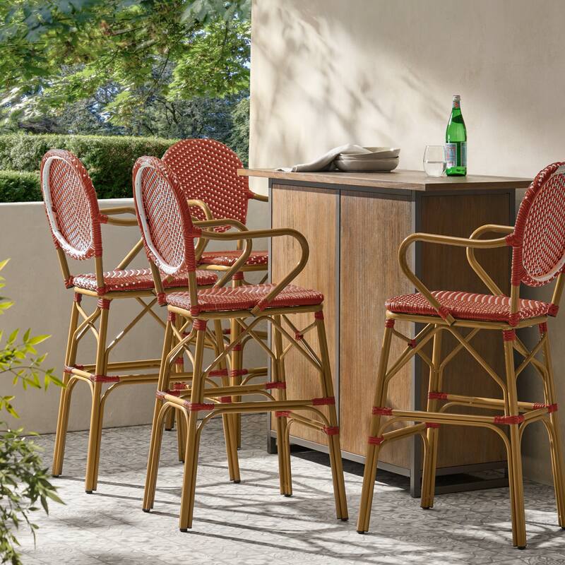 Vande Wicker and Aluminum Outdoor 29.5 Inch French Barstools by Christopher Knight Home - Red/ White/ Bamboo Print Finish