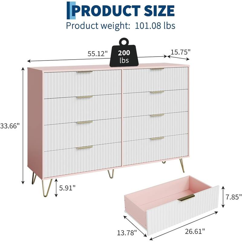55" Wide Modern Fluted Dresser for Bedroom with 8 Drawers