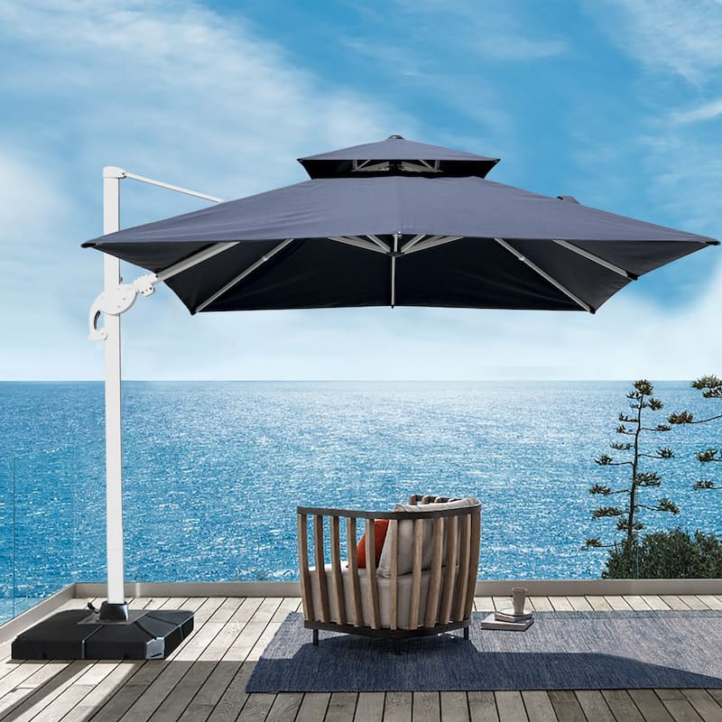 9 x 11 FT Outdoor Dual Top Solar Powered LED Aluminum Patio Cantilever Umbrella and Weighted Base