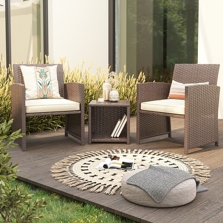 Patio 3 Pieces Wicker Bistro Set Cushioned Chair and Side Table