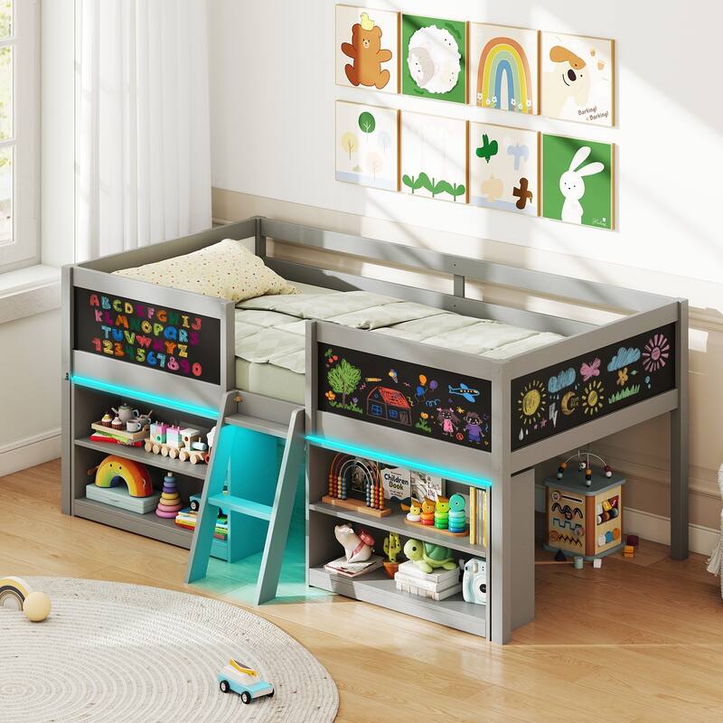 Twin Size Low Loft Bed with LED Lights and Storage Shelves Chalkboards Guardrails and Ladder - Grey