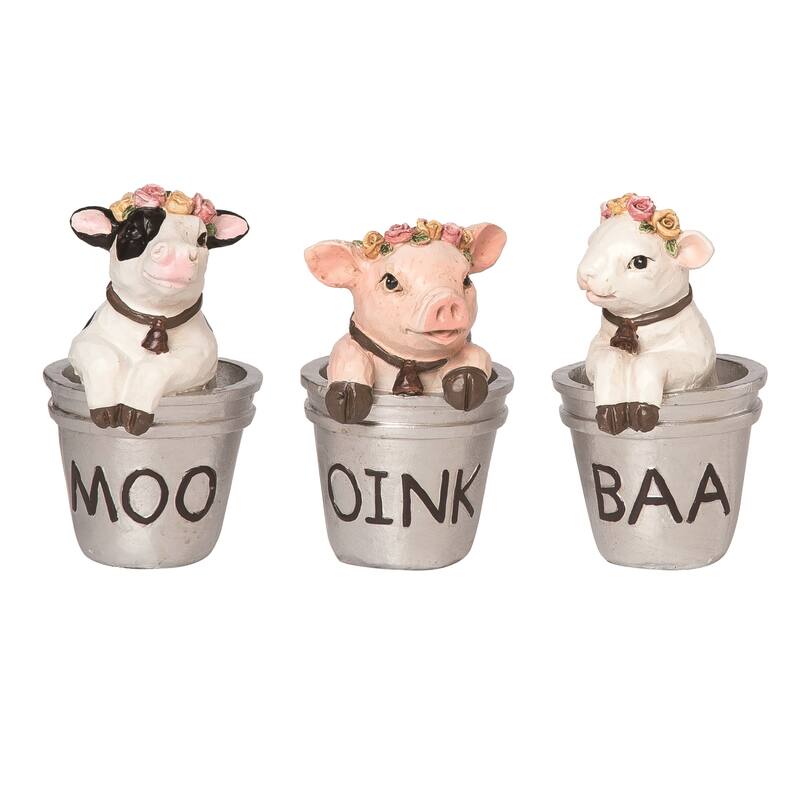 Transpac Resin Farm Animal Bucket Figurine Set of 3 Spring Home Decorations