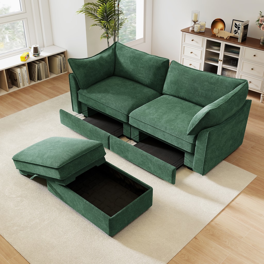 2 Seater Sofa With Footrest , 2-Seat Sofa with 1 Movable Ottoman, Pull out Storage Drawer Under Each Seat,Chenille Green