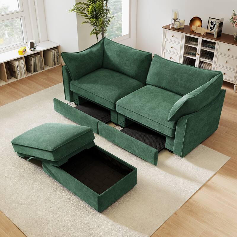 GDFStudio - Chenille 2-Seater 78.7" Sofa with Movable Ottoman and Storage Drawers - Green