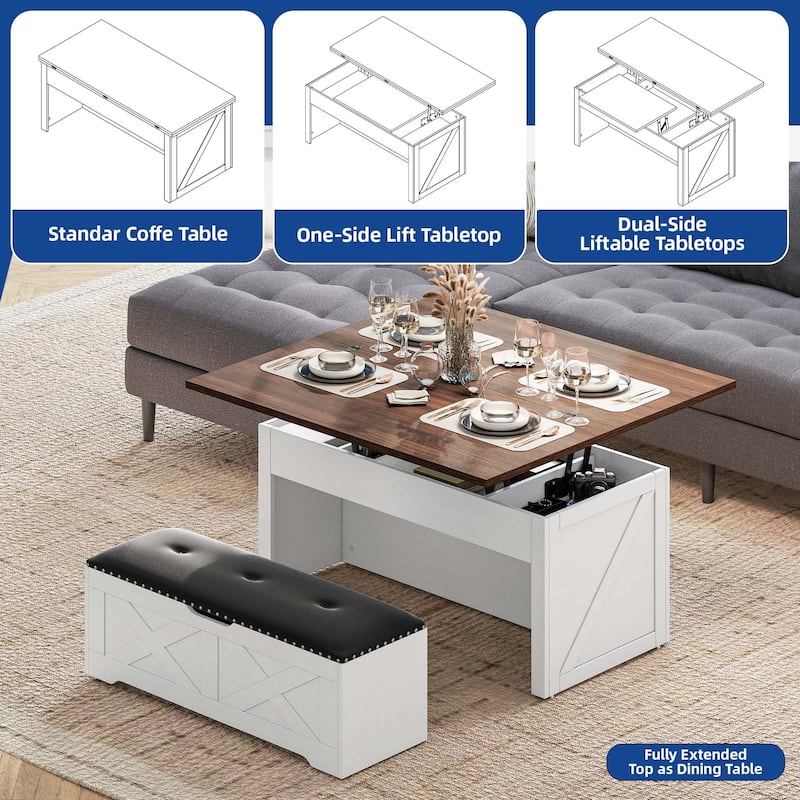Moasis Wood Lift-Top Coffee Table Wheeled Dinning Center Table Set with Padded Ottoman