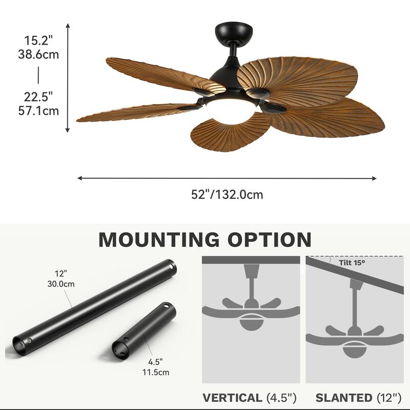 Silent Operation Tropical Ceiling Fan - 52 Inch, DC Motor, 6-Speed, Remote Control faux wood grain palm leaf blades - 52"