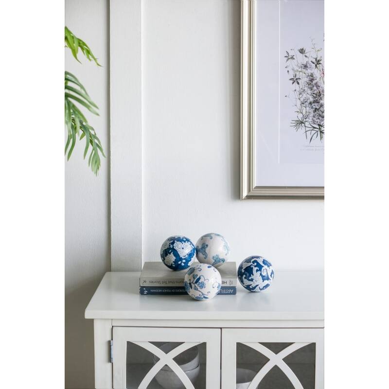 Floral Ceramic Orb Decorations - 4" - White and Blue - Set of 4