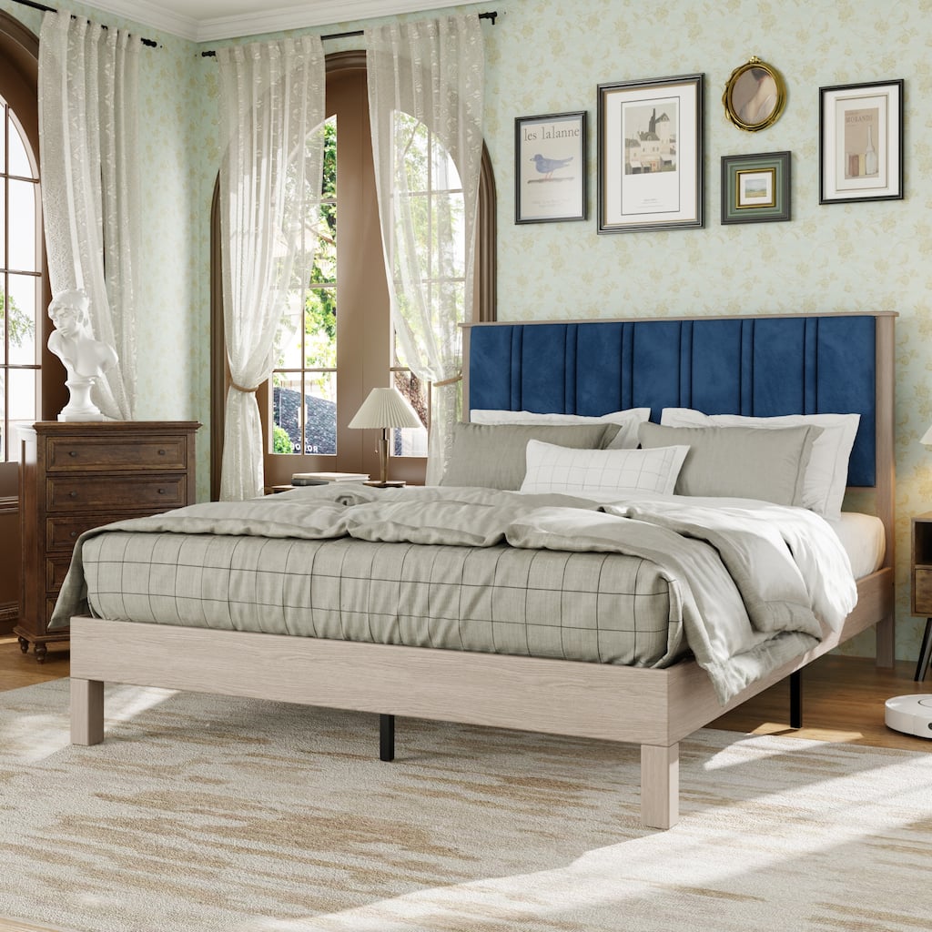 King Bed Frame, Wood with Wood Headboard Bed Frame with upholstered headboard