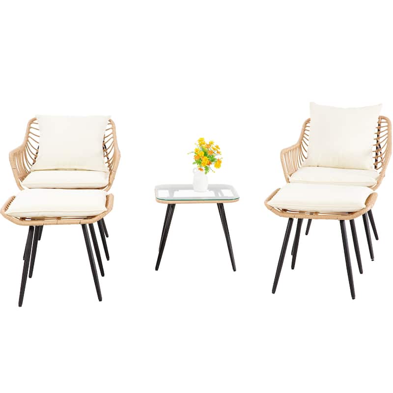 5-PC Wicker Outdoor Sofa Set, 2 Chairs, 2 Ottomans, 1 Table - Gray/Beige
