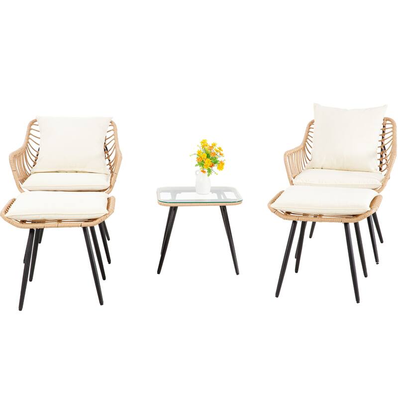 5-Piece Outdoor Wicker Bistro Chairs Set with 2 Armchair, 2 Ottoman, and Glass Coffee Table