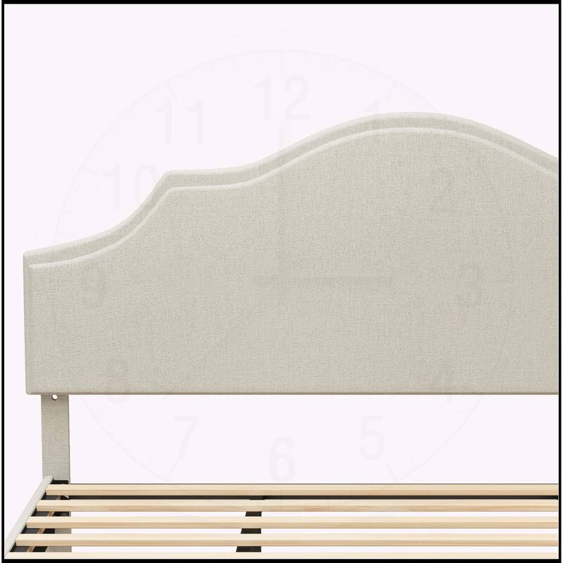 Linen Fabric Padded Platform Bed with Adjustable Headboard