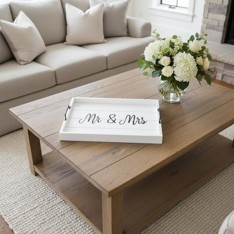 HomeRoots 16" Black And White Mr. and Mrs. Serving Tray With Handles - 15.50 in. x 2.25 in. x 12.00 in. - White/Black - 15.50 in. x 2.25 in. x 12.00 in.