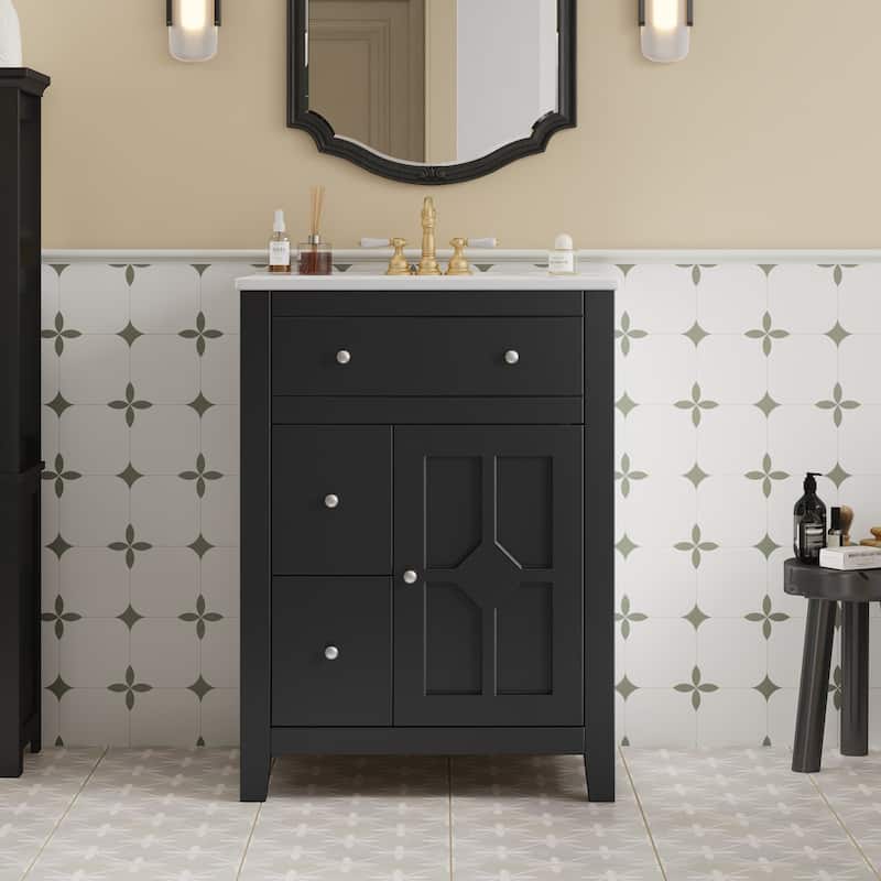 24" Modern Bathroom Vanity with Ceramic Basin Bathroom Storage Cabinet with 2 Drawers - Black