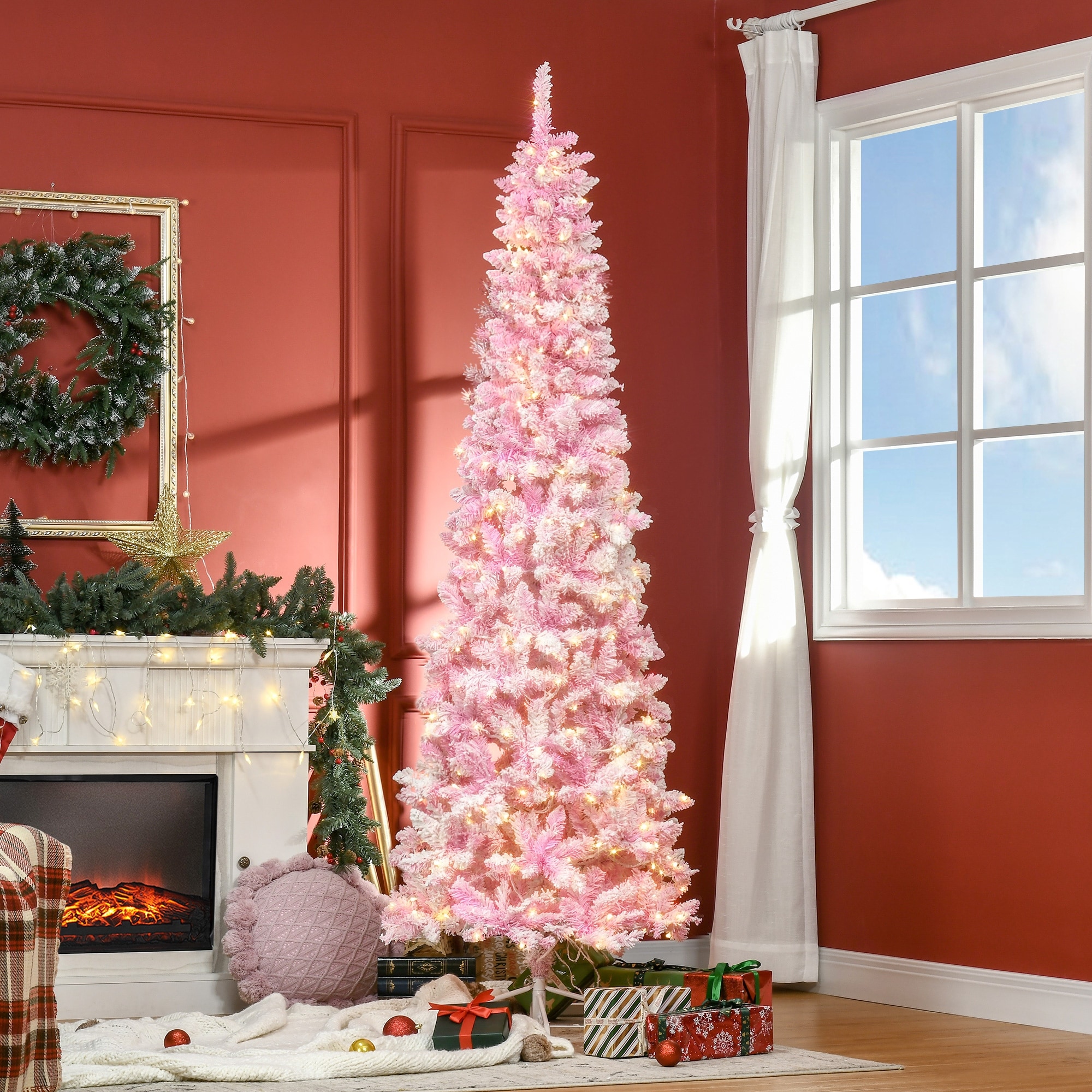 HOMCOM 7.5ft Prelit Snow Flocked Artificial Christmas Tree with Pencil Shape, Pine Realistic Branches, Pink and White