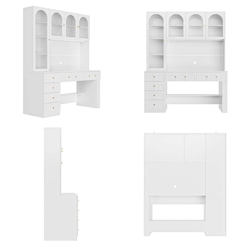 63” Modern White Computer Desk with Hutch & Drawers, Tempered Glass Cabinet Doors, Large Storage Home Office Workstation