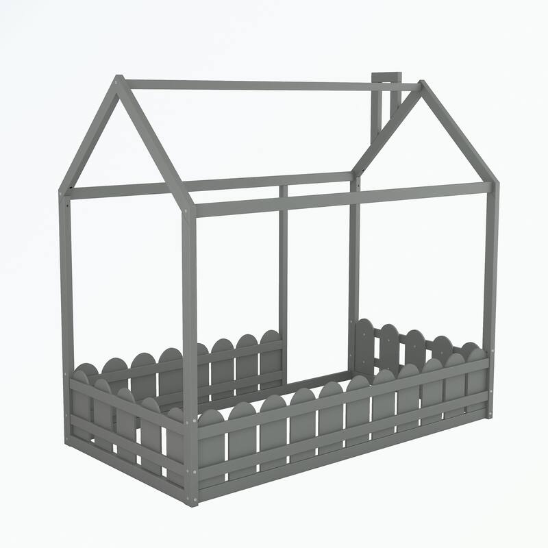 Twin Size Wood Bed House Bed Frame with Fence