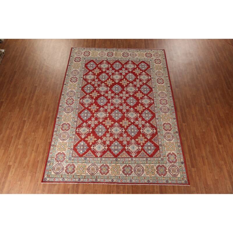 Red Geometric Kazak Oriental Area Rug Handmade Wool Carpet - 9'0" x 11'5"