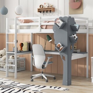 White Twin Size Loft Bed with L-Shaped Desk, Tree Shape Bookcase and Charging Station