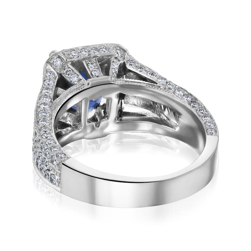 Kobelli 6.29 Carats Blue Sapphire & White Diamond Solid 14k White Gold Emerald-cut Rectangular Halo Split Shank Neptune Ring