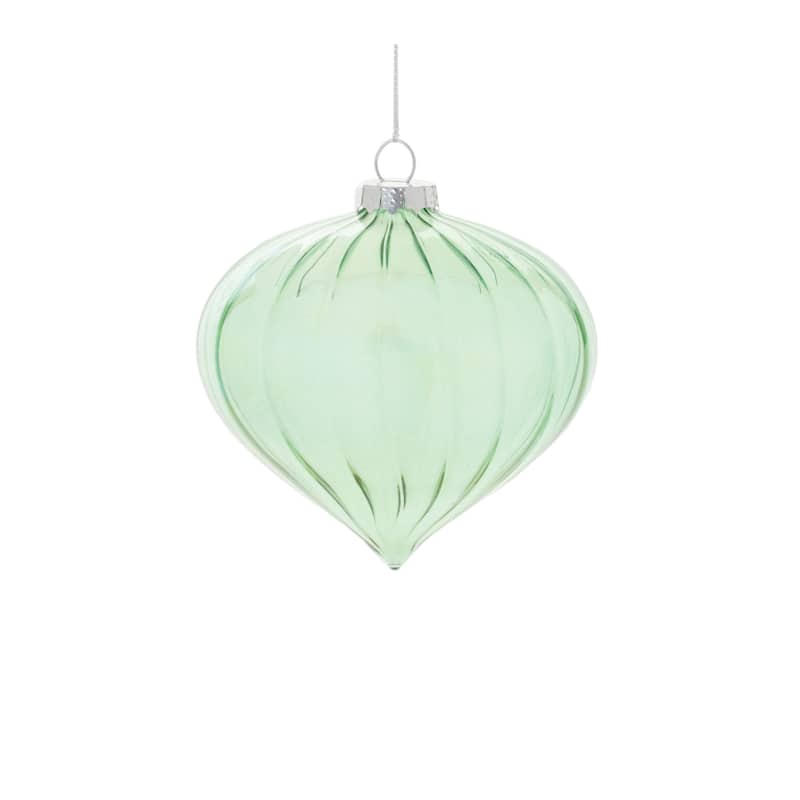 Green Glass Iridescent Ribbed Ornaments Set of 6 with Ball and Onion Shapes - 4” x 4” x 4” (L x W x H)
