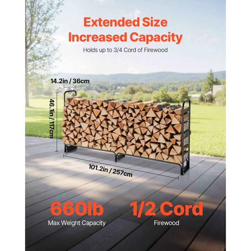 8 Feet Black Steel Firewood Storage Rack with Full-Cover Waterproof Log Protection for Patio or Backyard